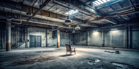 Wall Mural - A solitary chair in a vast, abandoned industrial space