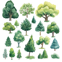 Wall Mural - Collection of Watercolor Trees: A Diverse Array of Foliage