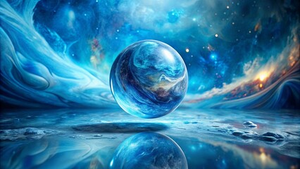 Wall Mural - Celestial Orb Reflecting in a Tranquil, Icy Landscape Under a Swirling Nebula