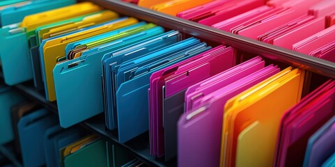 Poster - Abstract Futuristic Network Grid Background Featuring Digital Files and Colorful Folders in a Modern Office Environment