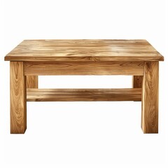 Poster - Light brown wooden coffee table with shelf isolated on white background, showcasing natural wood grain