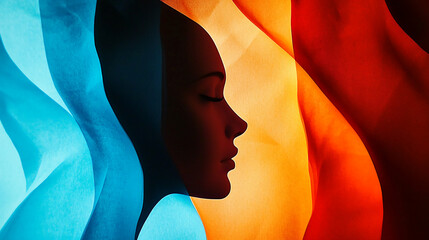 Poster - Silhouette of a woman behind flowing fabric in vibrant colors at a creative art exhibition