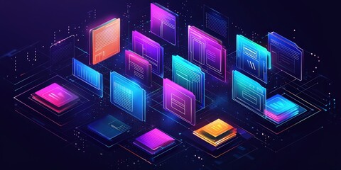 Poster - Futuristic Abstract Network Grid with Colorful Digital Files and Folders in a Virtual Space