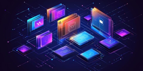 Poster - Futuristic Network of Colorful Files and Folders in a Digital Grid with Abstract Connections and Vibrant Neon Colors