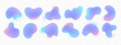 © babayuka - Set of 3d vector holographic amoeba shapes. Modern free form frame elements. 12 soft liquid shapes in light blue pastel colors on white background. Snowy bg. Freeform chrome glow effect illustration