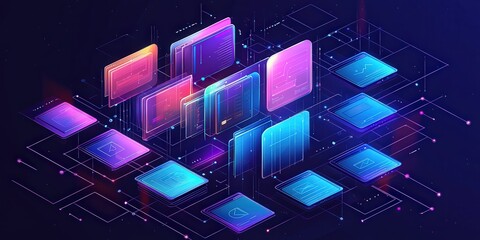 Poster - Abstract Futuristic Network Grid with Digital Files and Folders in Vibrant Colors, Representing Data Management and Organization Concepts