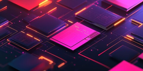 Poster - Futuristic Abstract Network Grid with Digital Files and Folders Illuminated by Neon Lights in a High-Tech Environment