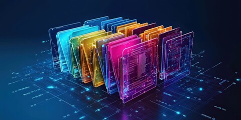 Poster - Futuristic Abstract Network Grid with Colorful Digital Folders and Files Representing Data Organization and Storage Technology