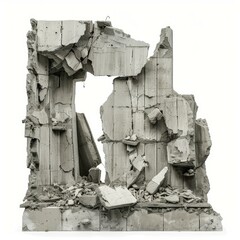 Poster - Broken concrete wall with large hole and rubble, isolated on a white background