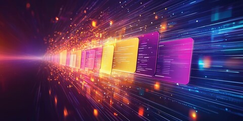 Poster - Futuristic Network Grid Concept with Flowing Data Files and Vibrant Color Folders in Abstract Composition
