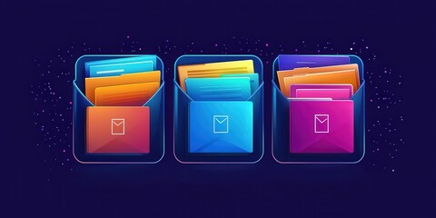 Poster - Futuristic Abstract Network Grid Concept Featuring Colorful Files and Folders in Geometric Envelopes on a Dark Background