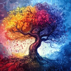 Wall Mural - Vivid illustration of a tree with rainbow-colored foliage, dramatic branches, and textured roots in a surreal, colorful landscape