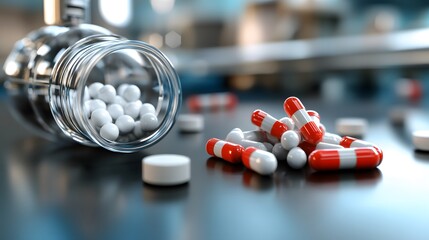 Wall Mural - Pharmaceutical capsules and tablets spilling from a transparent container on a production line in a laboratory setting