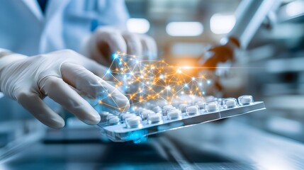 scientist handling blister pack of tablets with a glowing digital network overlay in a pharmaceutica