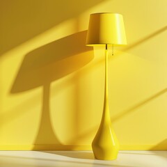 Poster - Modern yellow floor lamp casting a shadow against a yellow wall in a brightly lit minimalist room