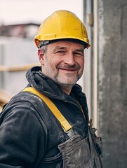 Poster - A smiling construction worker in a yellow hard hat and overalls stands at a construction site, embodying professionalism and dedication.