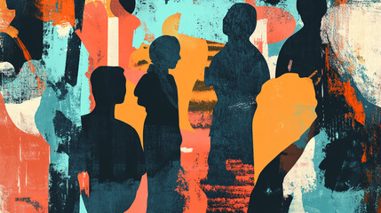 Leinwandbilder - Colorful abstract silhouettes of people interacting in a vibrant artistic setting during a lively gathering