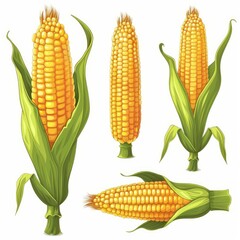 Poster - Four corn cobs featuring various growth stages and positions, offering a versatile illustration for agricultural or culinary themes