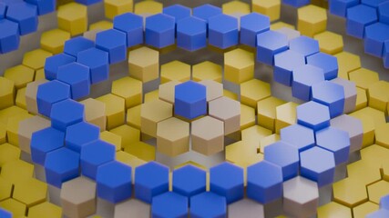 Poster - 3D loop animation of an abstract background made of multiple hexagons. The honeycombs rise and fall, changing color and creating concentric waves. Abstract animation