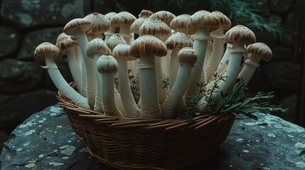 Wall Mural - Close-up of a wicker basket filled with freshly harvested mushrooms, herbs, and greenery.