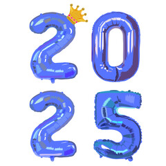 set of blue,ballons,crown,Gathering, New Year,text,number, 2025, letters, gold,white blackground, party,happy,illustration ,design