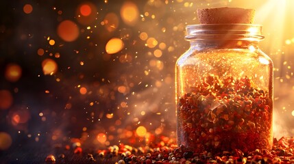 Aufkleber - A closeup of a glass jar of spices bathed in golden-hour sunlight, with soft beams of light highlighting the texture of the jar