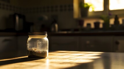 Aufkleber - A closeup of a spice jar in a minimalist kitchen, illuminated by diffused light through frosted glass, creating a serene and modern look
