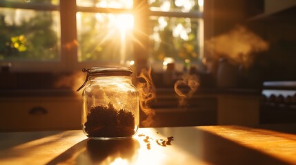 Poster - A closeup of a glass jar of spices on a minimalist kitchen counter, illuminated by soft natural light from a nearby window, creating a calming ambiance