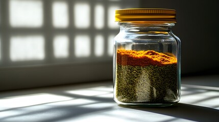 Aufkleber - A closeup of a spice jar in a minimalist kitchen, illuminated by diffused light through frosted glass, creating a serene and modern look