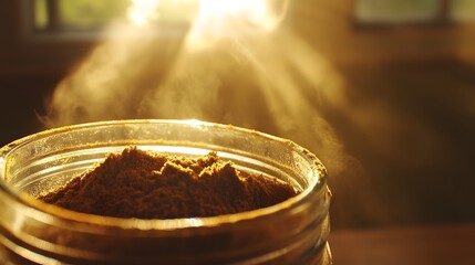 Aufkleber - A closeup of a glass jar of spices bathed in golden-hour sunlight, with soft beams of light highlighting the texture of the jar