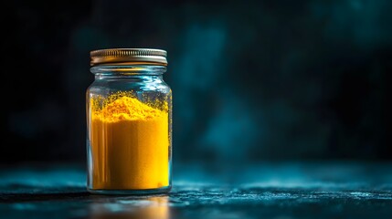 Aufkleber - A closeup of a glass jar of turmeric on a counter lit by dim ambient light, creating a moody and dramatic effect