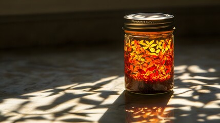Aufkleber - A closeup of a spice jar illuminated by morning light, with shadows of nearby plants creating intricate patterns on the counter