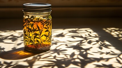 Aufkleber - A closeup of a spice jar illuminated by morning light, with shadows of nearby plants creating intricate patterns on the counter