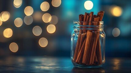 Aufkleber - A closeup of a jar of cinnamon sticks on a counter lit by blue hour light, creating a cool and serene tone