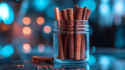 Aufkleber - A closeup of a jar of cinnamon sticks on a counter lit by blue hour light, creating a cool and serene tone