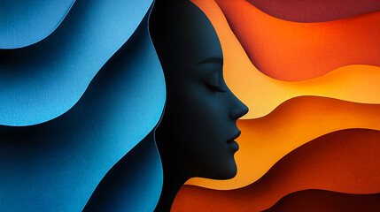 Poster - Profile silhouette of a woman surrounded by vibrant waves of color in a striking artistic composition