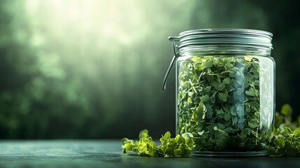 Poster - A closeup of a glass jar of herbs on a counter, illuminated by the cool light of a cloudy day, creating a soft and muted tone