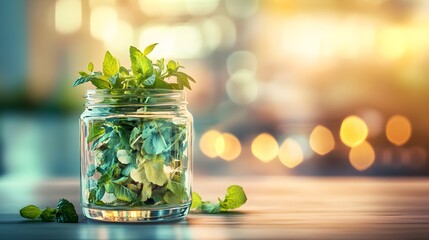 Poster - A closeup of a glass jar of herbs on a counter, illuminated by the cool light of a cloudy day, creating a soft and muted tone