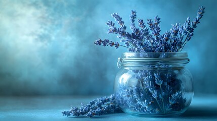 Aufkleber - A glass jar filled with dried lavender flowers, placed in soft natural light, evoking a calming natural vibe