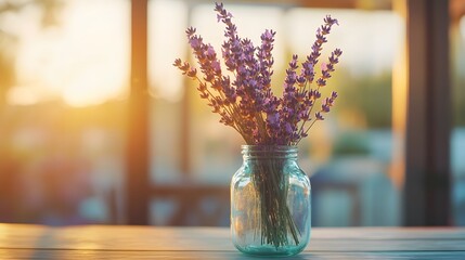 Aufkleber - A glass jar filled with dried lavender flowers, placed in soft natural light, evoking a calming natural vibe