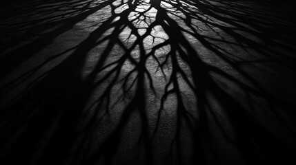 Poster - stark shadows of bare trees cast on a concrete surface, creating an intricate and shadowy pattern