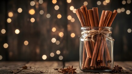 Aufkleber - A glass jar filled with cinnamon sticks, bathed in soft light for a cozy, nature-inspired vibe