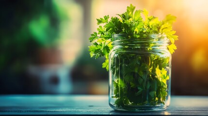 Aufkleber - A glass jar of fresh parsley leaves, its vivid green tones illuminated in soft natural light
