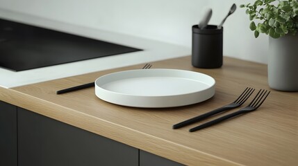 Poster - A closeup of a light oak countertop with a matte white plate and black metal cutlery, showcasing Scandinavian minimalism