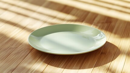 Poster - A soft green ceramic plate on a natural bamboo table, with subtle reflections of light