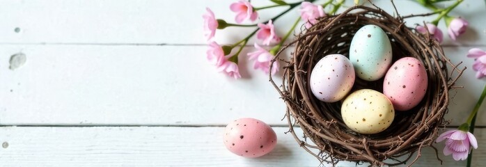 Nest of twigs with Easter eggs in pastel colors, spring flowers on a wooden background, space for advertising, text, words