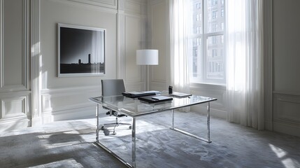 Aufkleber - A clean workspace with a transparent glass desk, soft light accents, and neutral carpeting, photographed in portrait