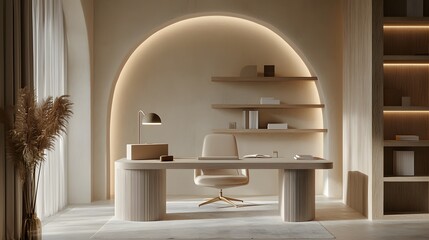 Poster - A calming workspace with clean furniture design, soft ambient lighting, and a neutral and minimal aesthetic, photographed in portrait