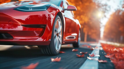 Poster - low angle view of a modern red electric car on road