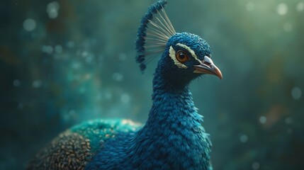 Poster - A close up of a peacock with a green background